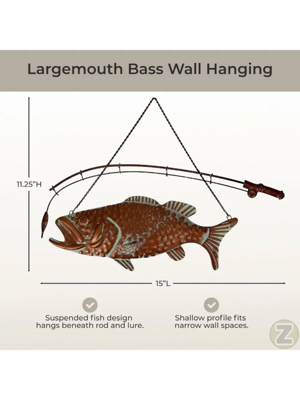 15” Largemouth Bass Metal Wall Art Sculpture | Copper Patina, Textured Finish